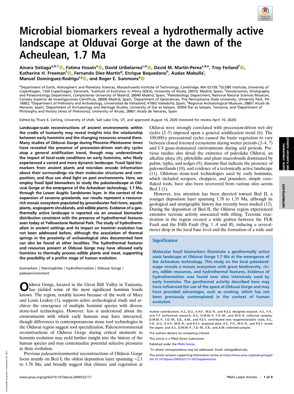 Microbial Biomarkers Reveal a Hydrothermally Active Landscape at Olduvai Gorge at the Dawn of the Acheulean, 1.7 Ma