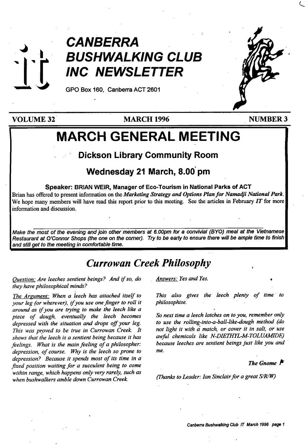 CANBERRA .L BUSHWALKING CLUB R INC NEWSLETTER MARCH