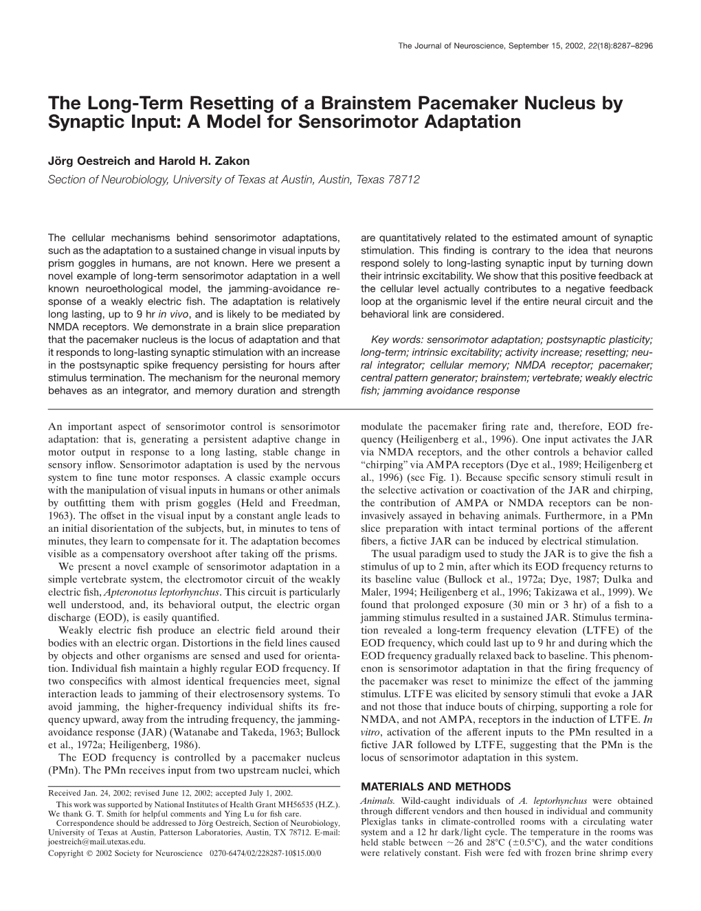 The Long-Term Resetting of a Brainstem Pacemaker Nucleus by Synaptic Input: a Model for Sensorimotor Adaptation