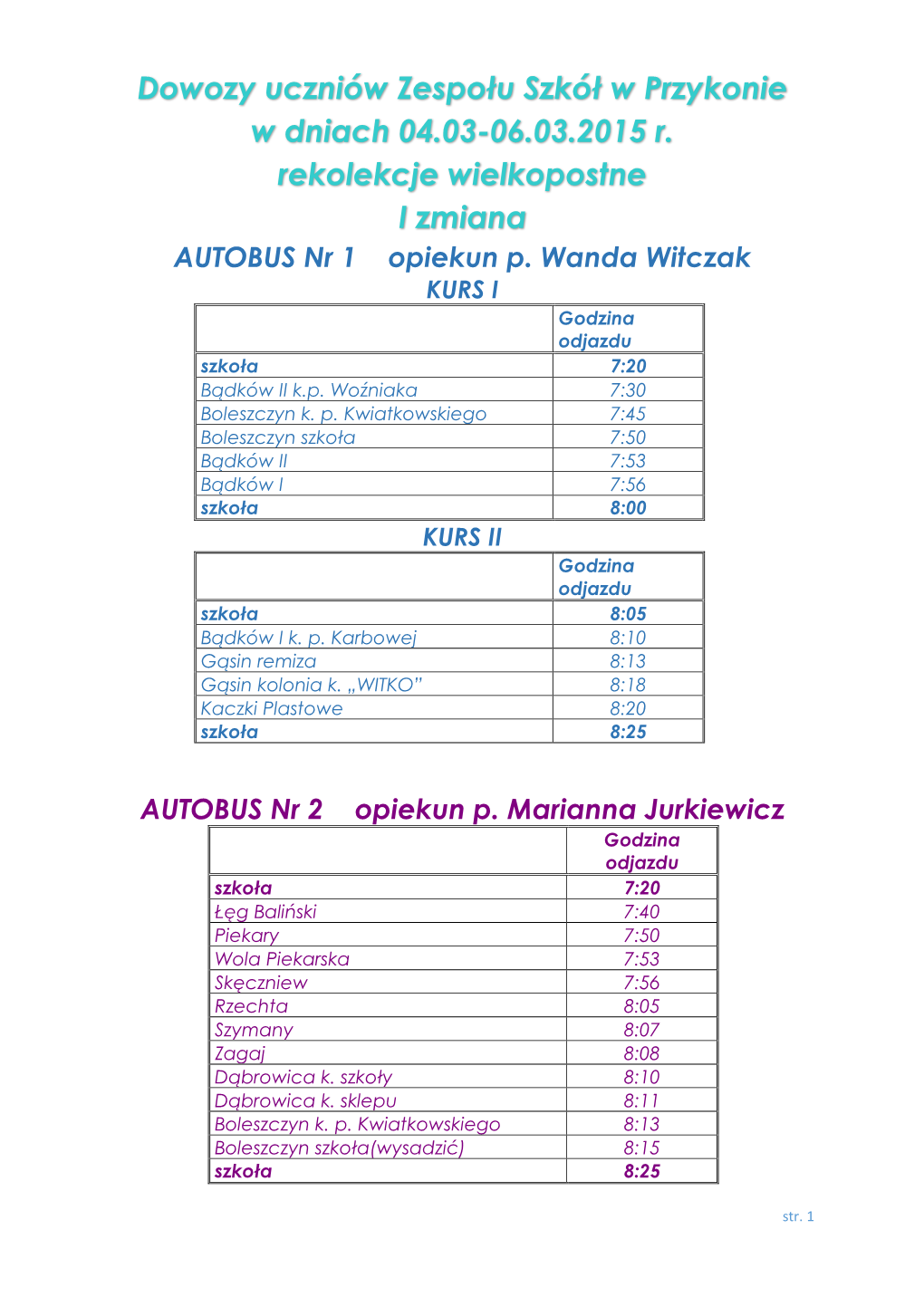 Dowozy Uczniów Zespołu Szkół W Przykonie W Dniach 04.03-06.03.2015 R