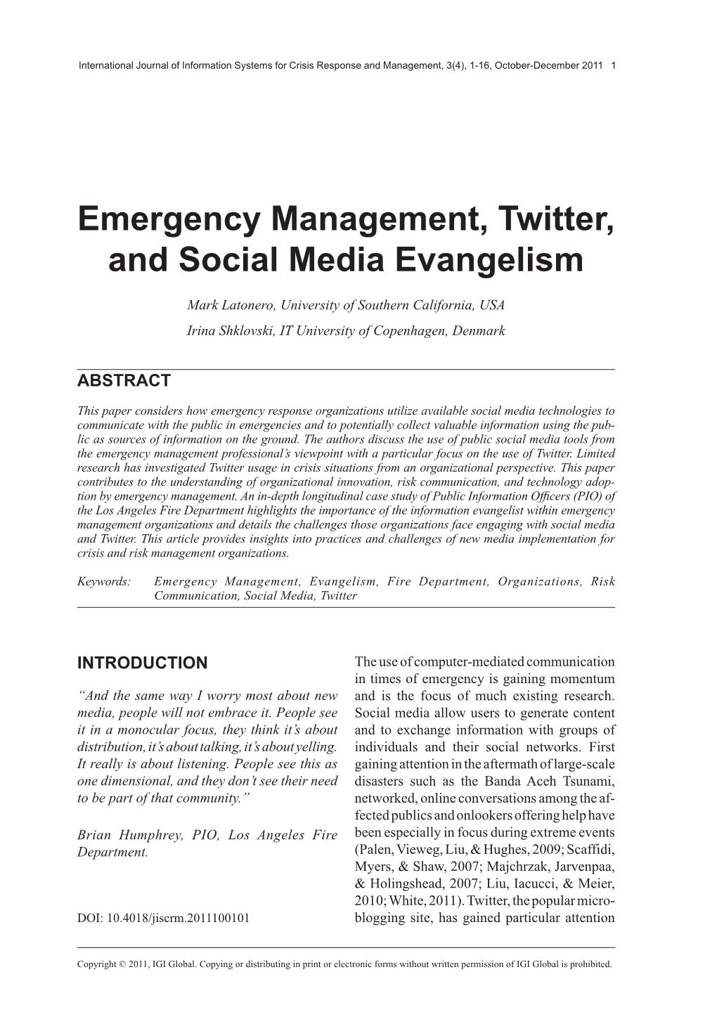 Emergency Management, Twitter, and Social Media Evangelism