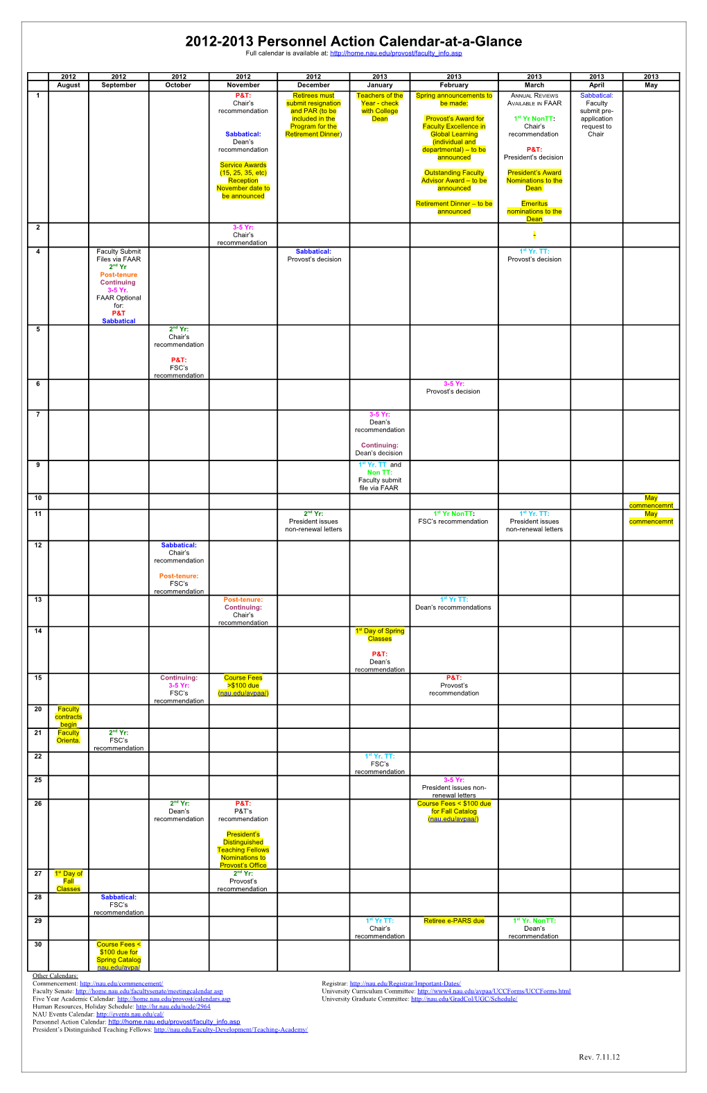 2012-2013 Personnel Action Calendar-At-A-Glance