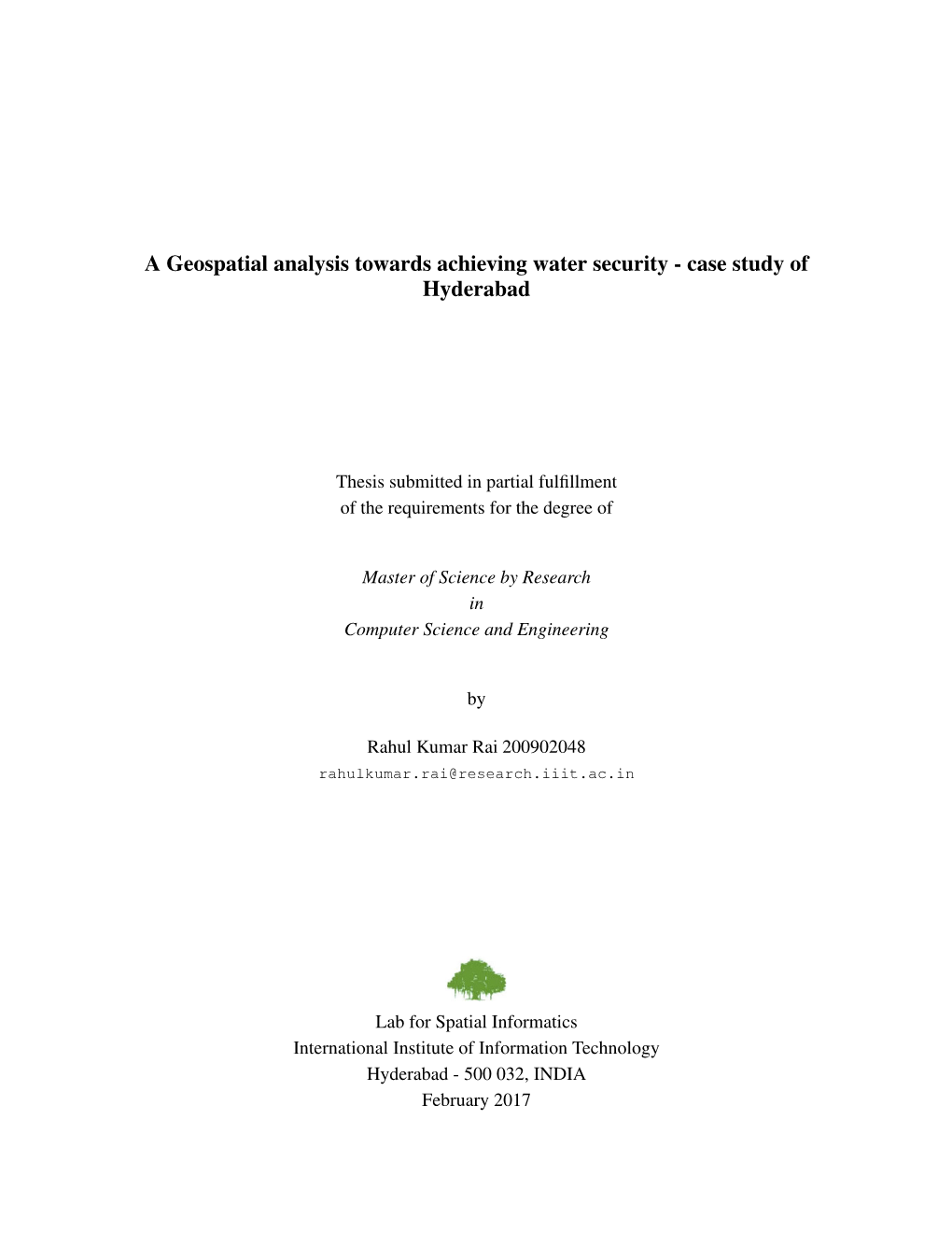 A Geospatial Analysis Towards Achieving Water Security - Case Study of Hyderabad