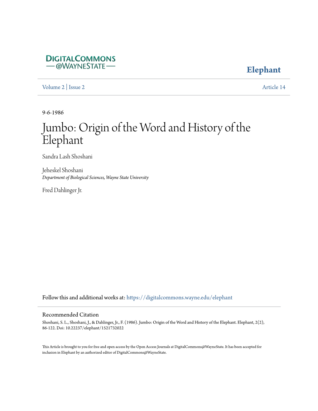 Jumbo: Origin of the Word and History of the Elephant Sandra Lash Shoshani