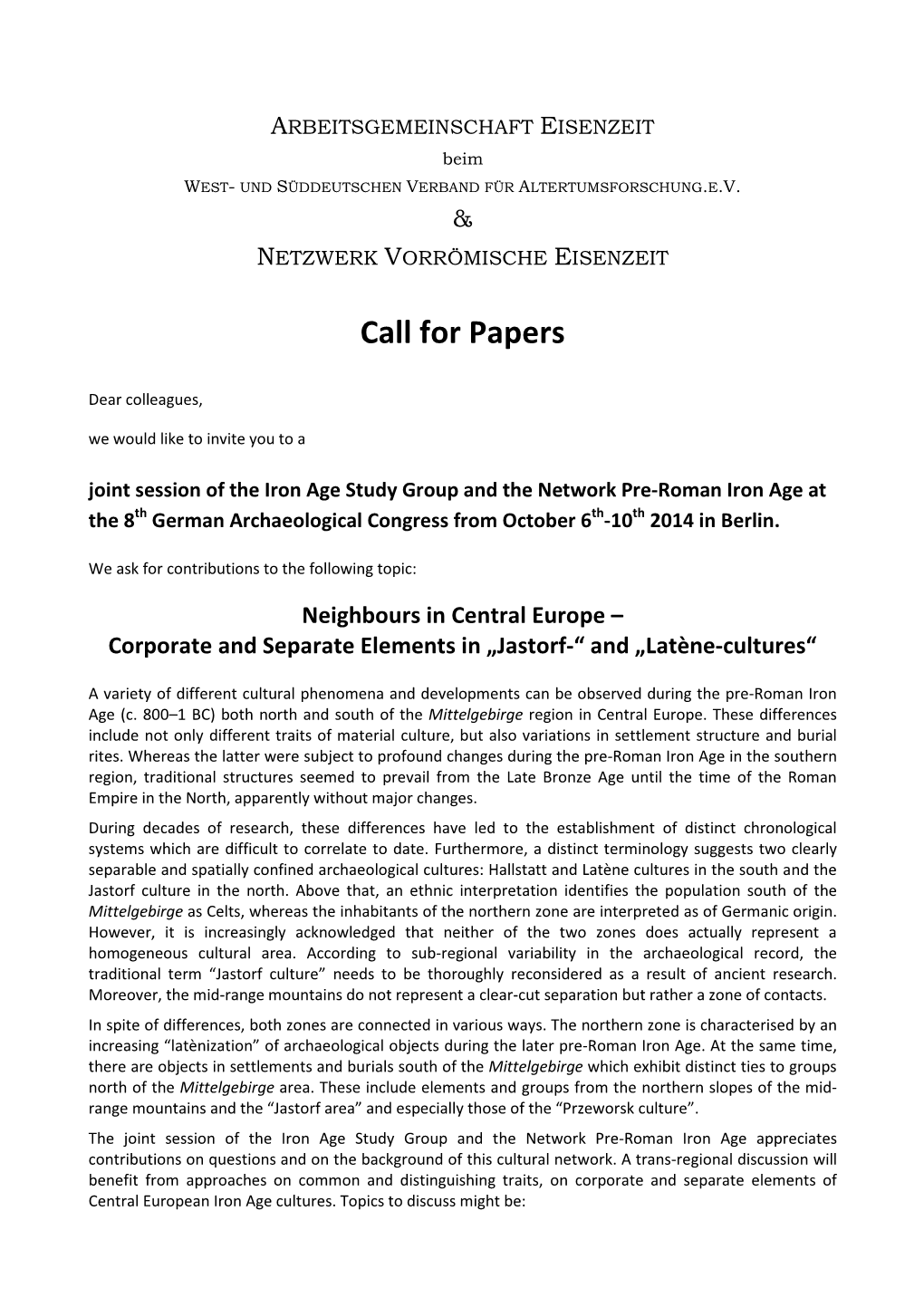 AG Eisenzeit Berlin 2014 Call for Papers Engl