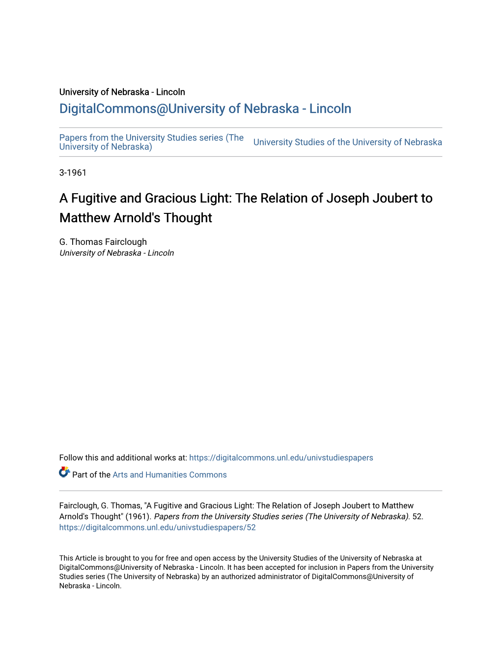 The Relation of Joseph Joubert to Matthew Arnold's Thought