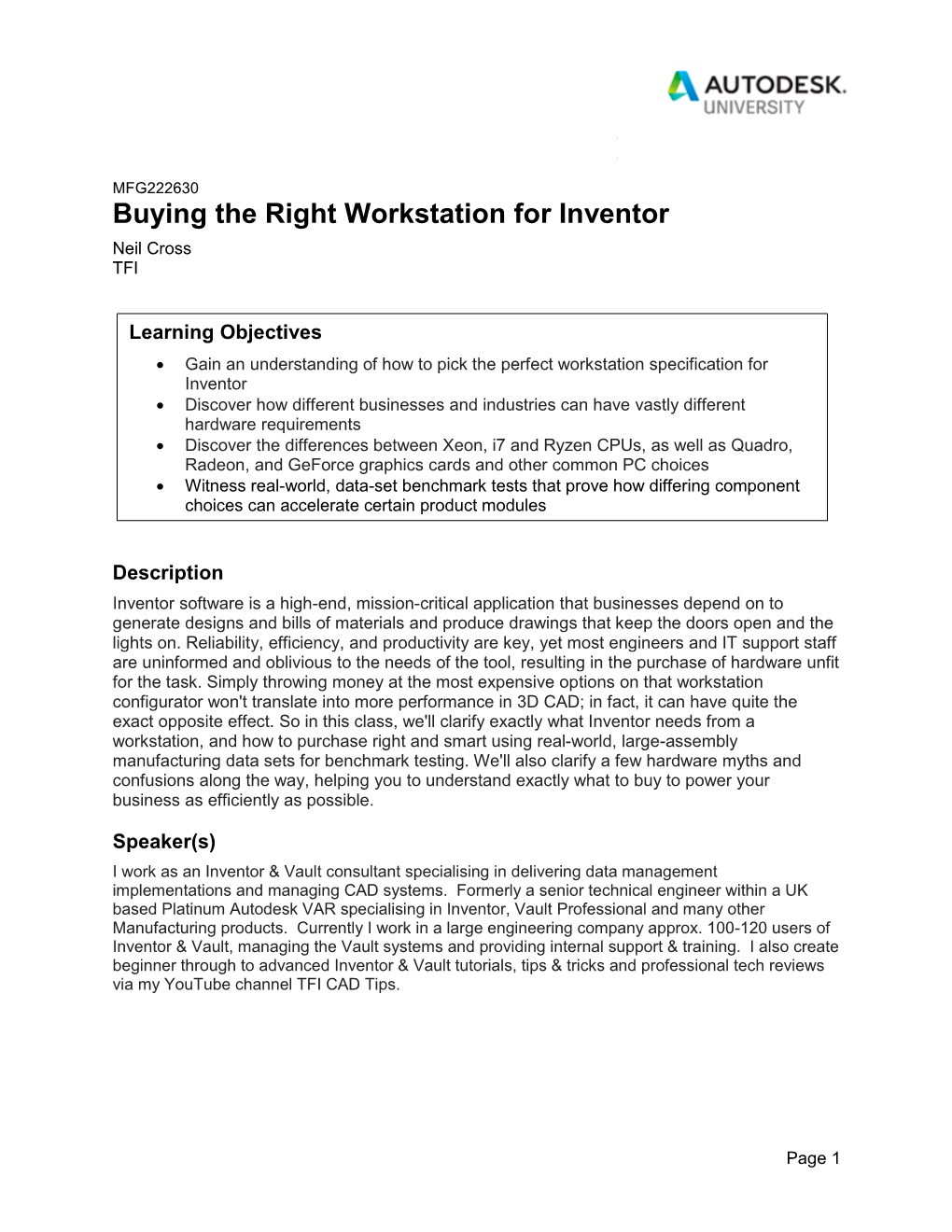 Buying the Right Workstation for Inventor Neil Cross TFI