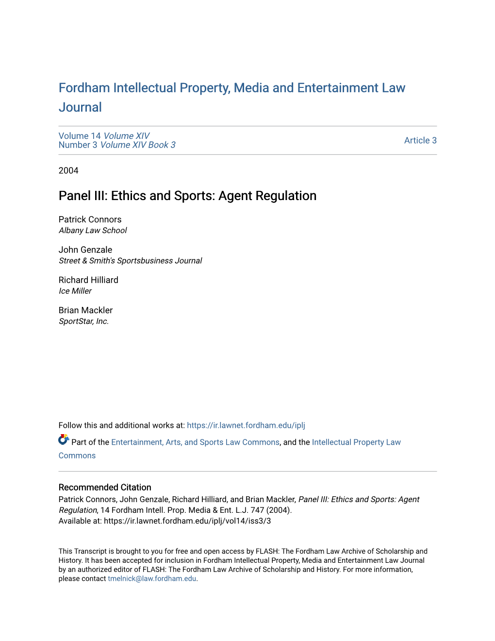 Panel III: Ethics and Sports: Agent Regulation