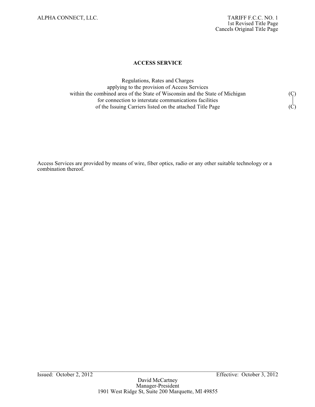 ALPHA CONNECT, LLC. TARIFF FCC NO. 1 1St Revised Title Page