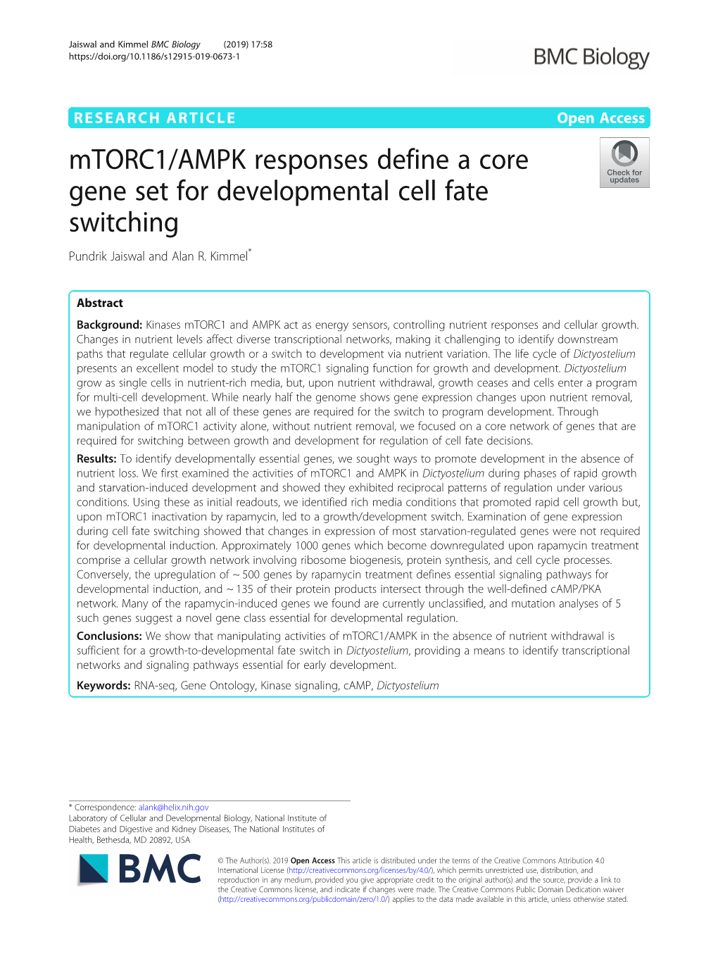 Mtorc1/AMPK Responses Define a Core Gene Set for Developmental Cell Fate Switching Pundrik Jaiswal and Alan R