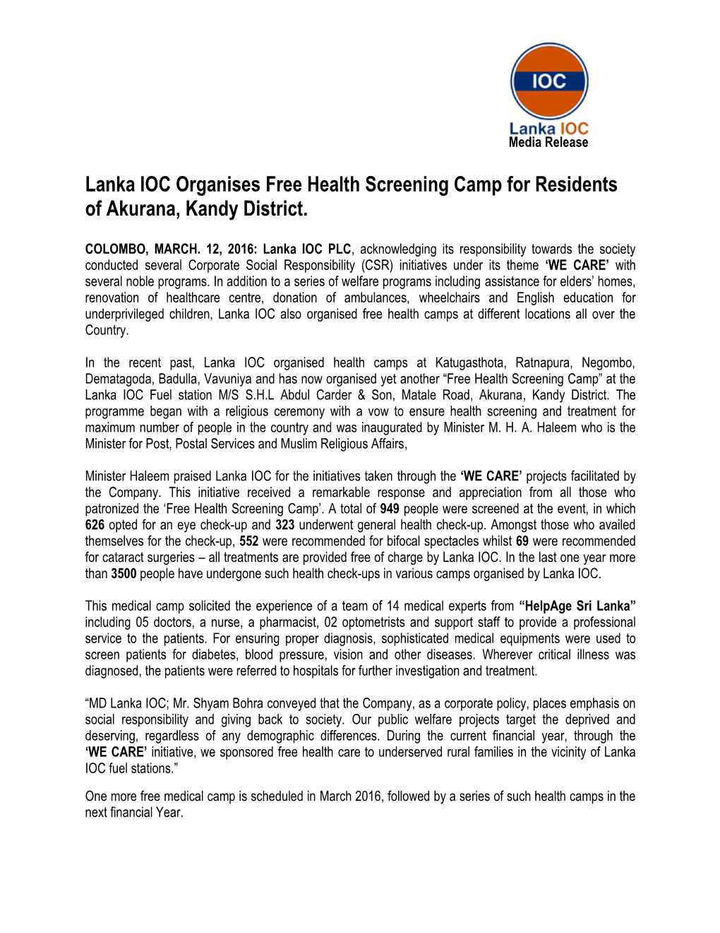 Lanka IOC Organises Free Health Screening Camp for Residents of Akurana, Kandy District