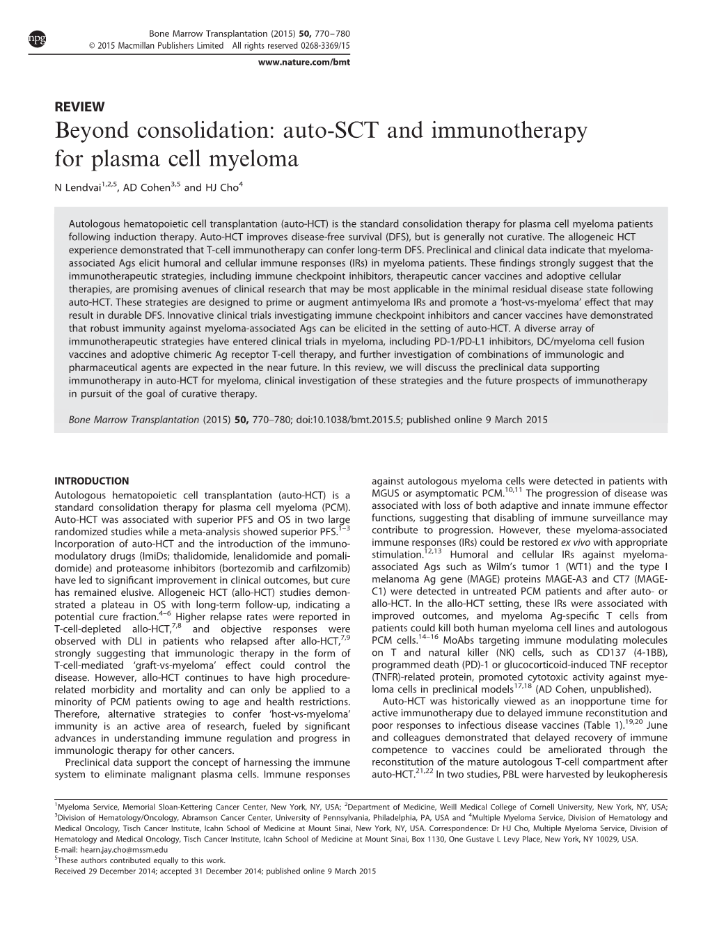 Auto-SCT and Immunotherapy for Plasma Cell Myeloma