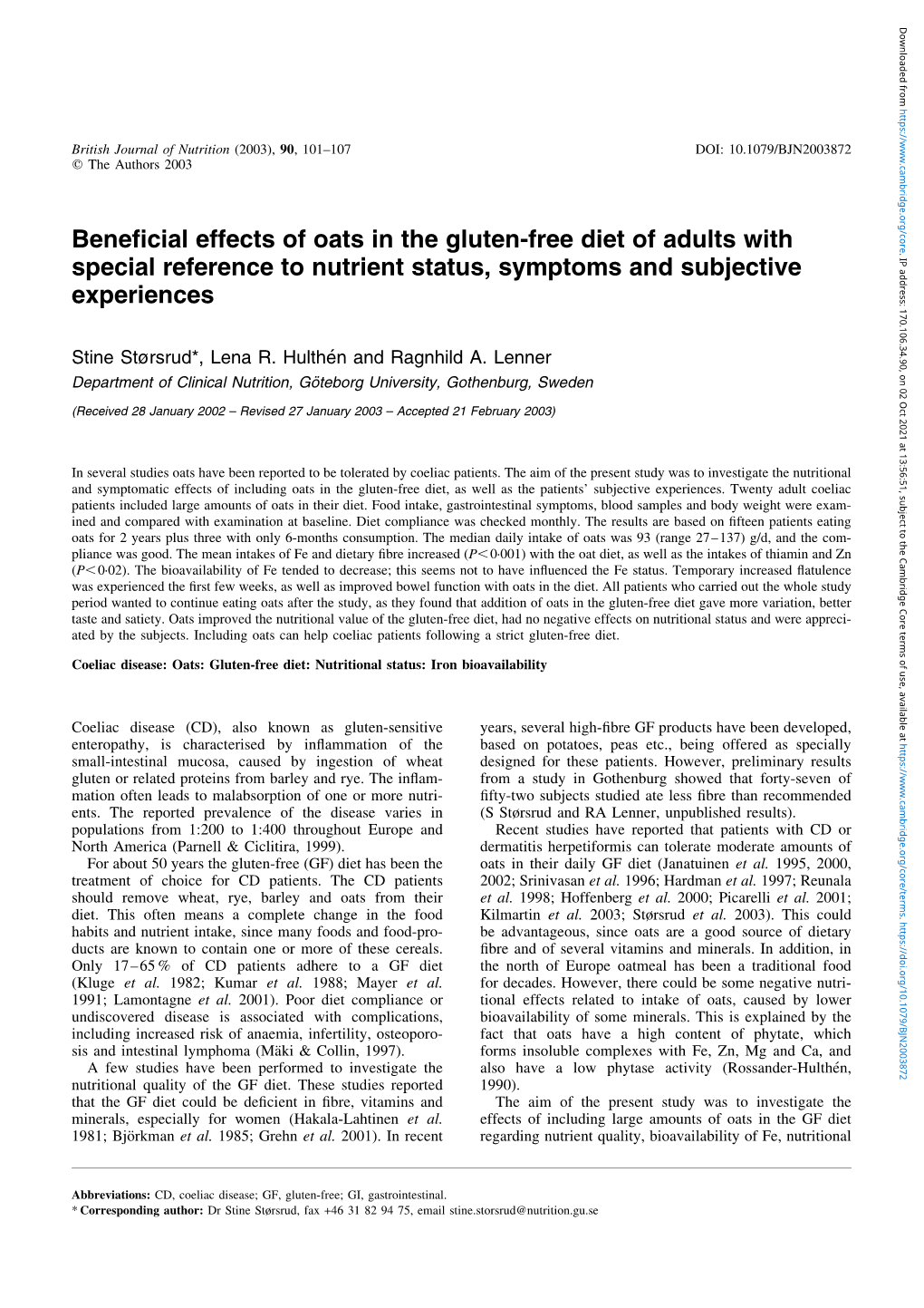 Beneficial Effects of Oats in the Gluten-Free Diet of Adults With