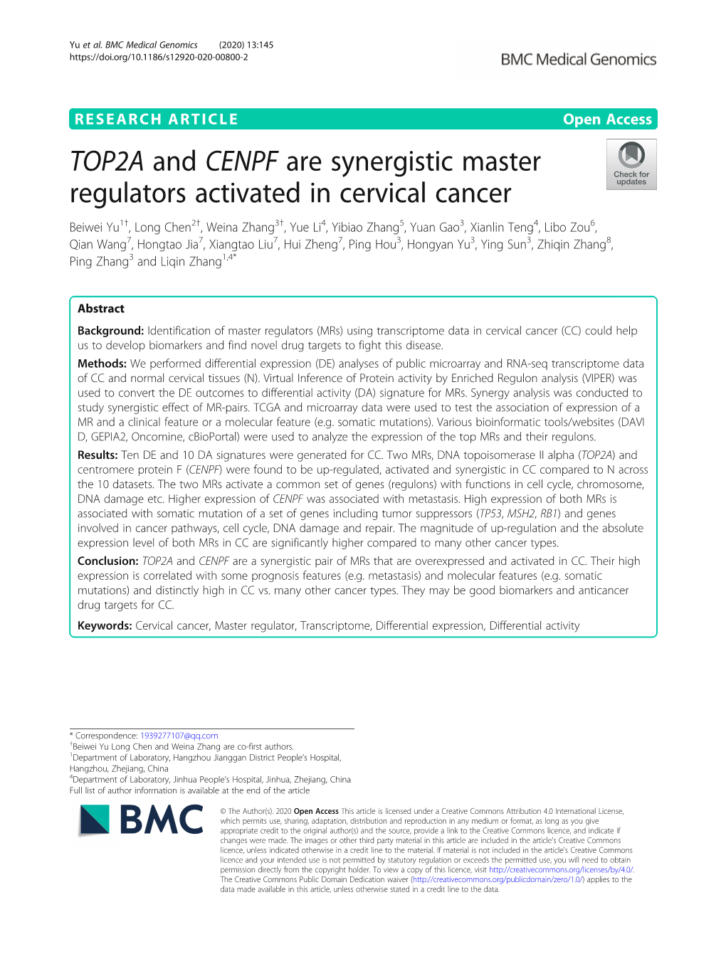 TOP2A and CENPF Are Synergistic Master Regulators Activated In