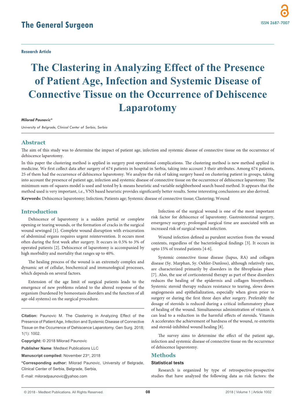 The Clastering in Analyzing Effect of the Presence of Patient Age, Infection and Systemic Disease of Connective Tissue on the Oc
