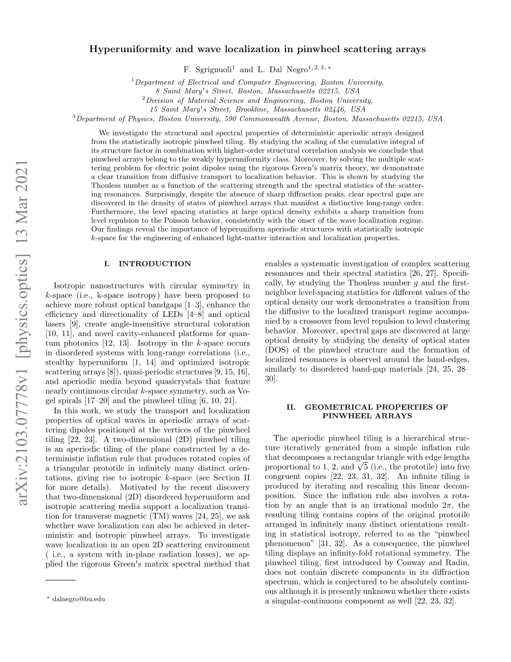 Hyperuniformity and Wave Localization in Pinwheel Scattering Arrays