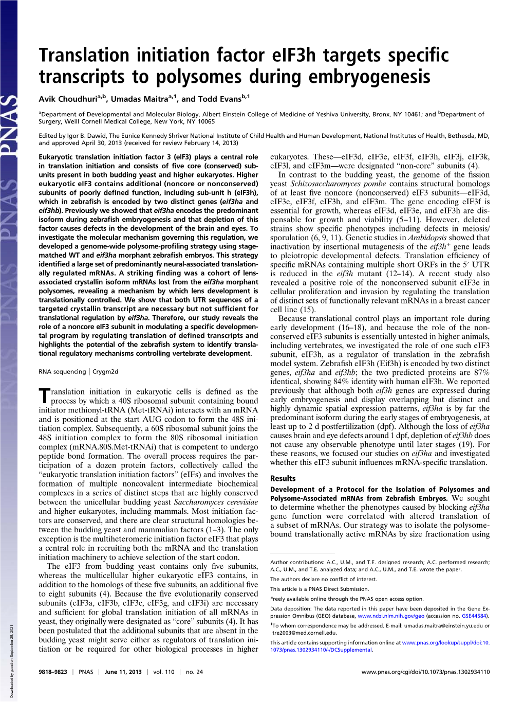 Translation Initiation Factor Eif3h Targets Specific Transcripts To