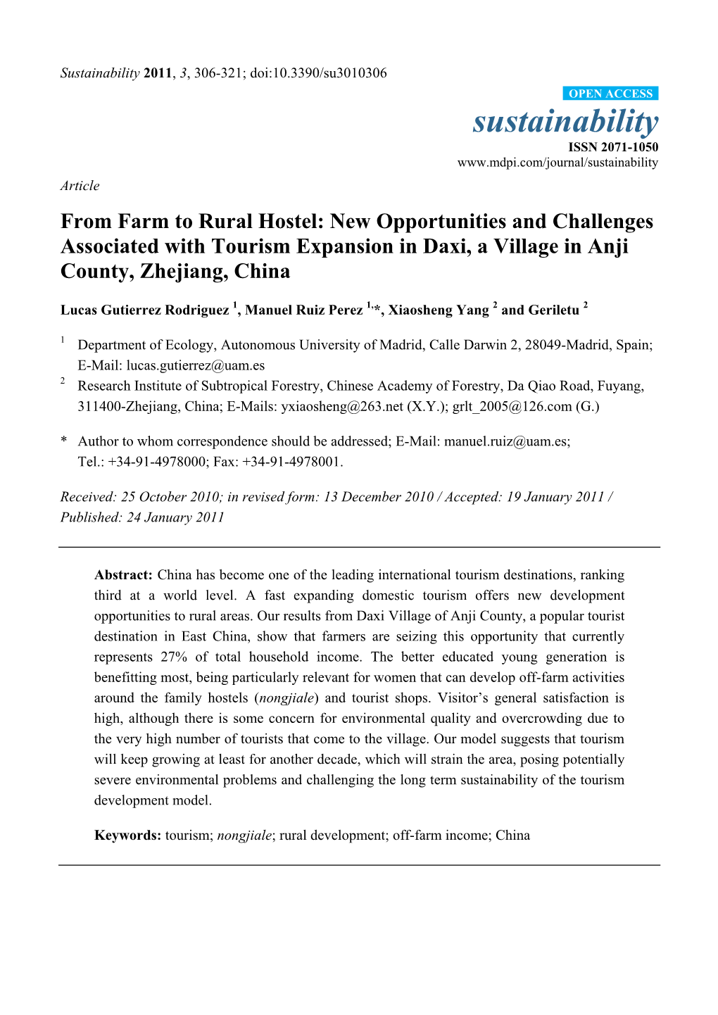 From Farm to Rural Hostel: New Opportunities and Challenges Associated with Tourism Expansion in Daxi, a Village in Anji County, Zhejiang, China