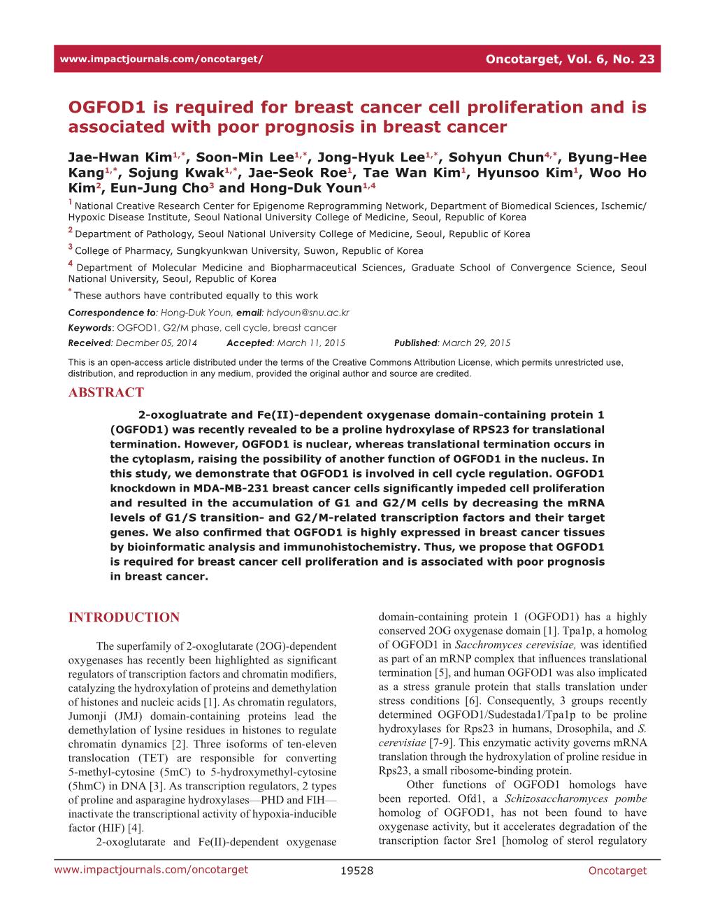 OGFOD1 Is Required for Breast Cancer Cell Proliferation and Is Associated with Poor Prognosis in Breast Cancer