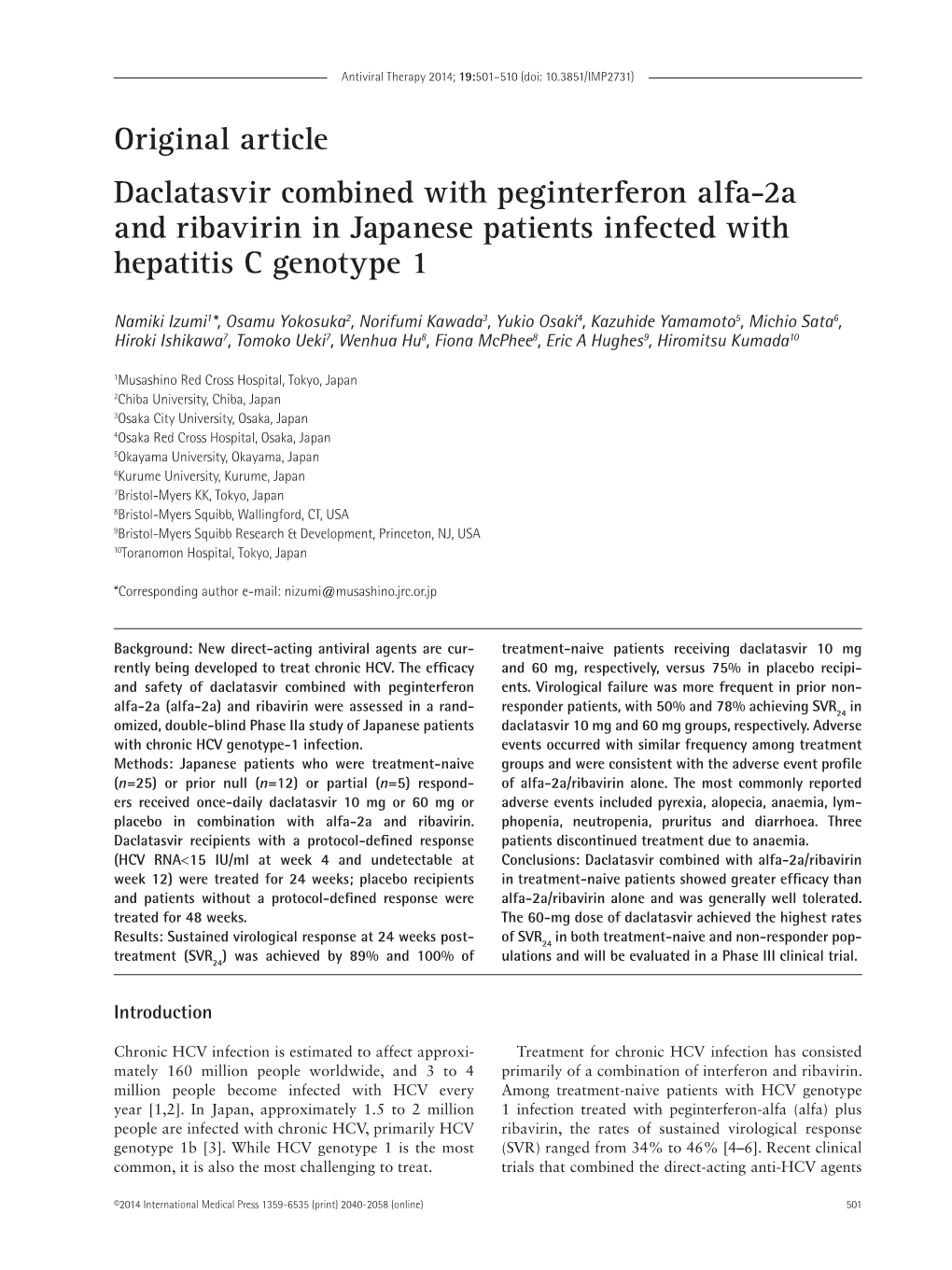 Original Article Daclatasvir Combined with Peginterferon Alfa-2A and Ribavirin in Japanese Patients Infected with Hepatitis C Genotype 1