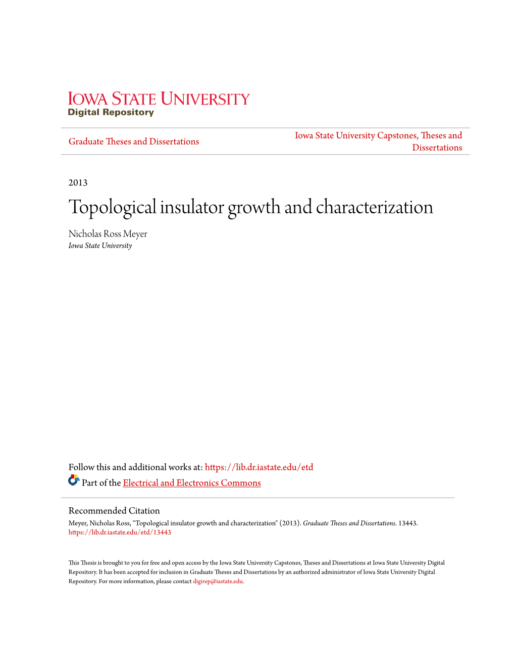 Topological Insulator Growth and Characterization Nicholas Ross Meyer Iowa State University