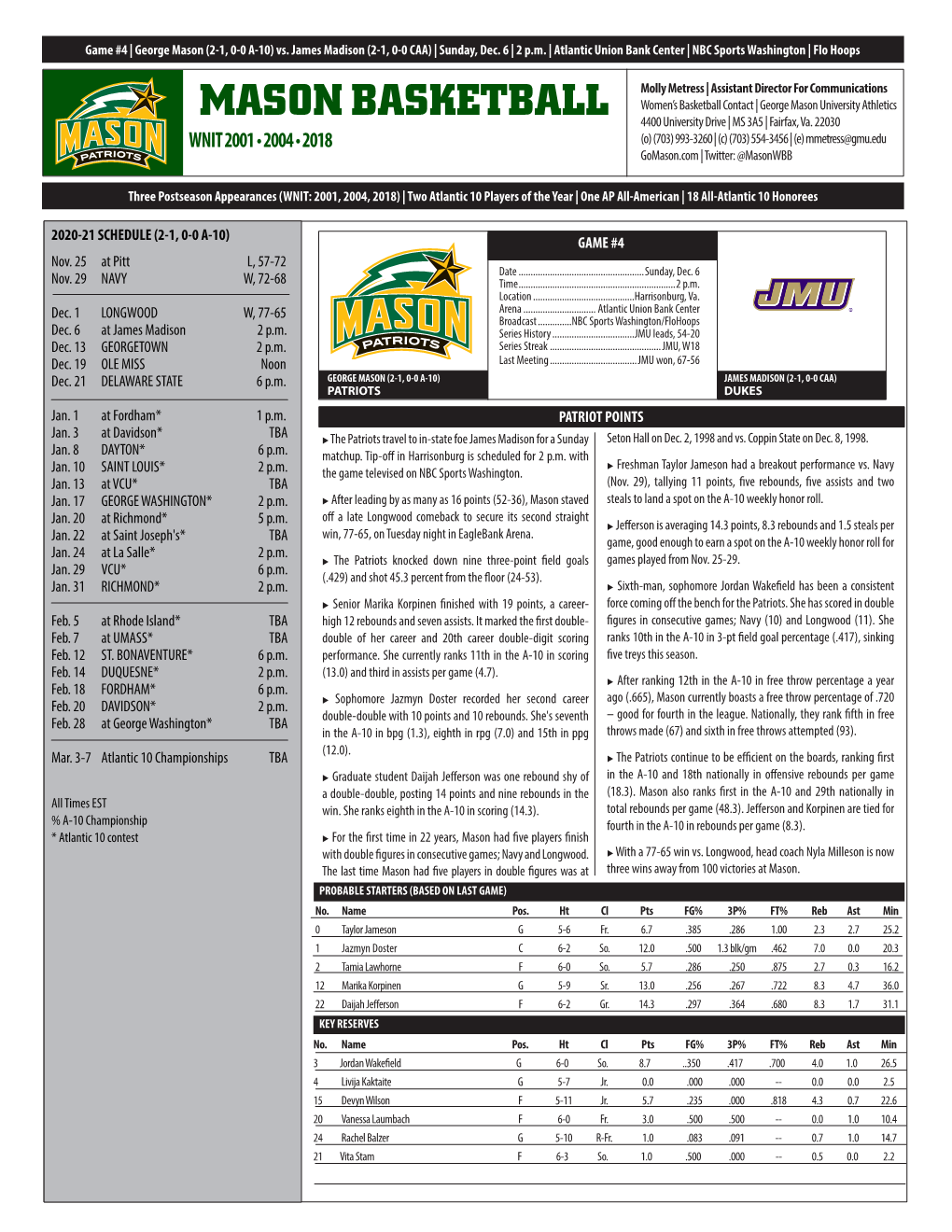 MASON BASKETBALL 4400 University Drive | MS 3A5 | Fairfax, Va