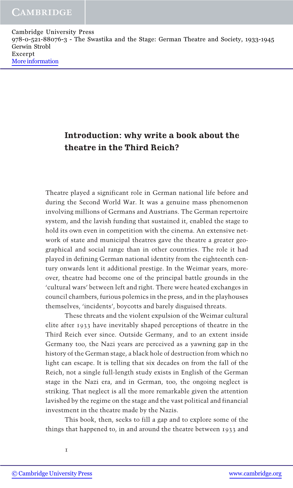 Why Write a Book About the Theatre in the Third Reich?