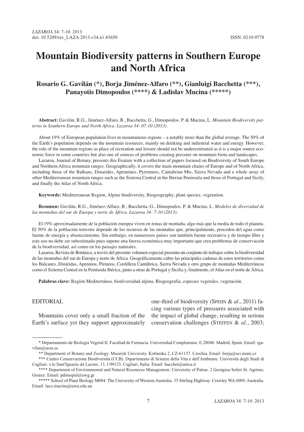 Mountain Biodiversity Patterns in Southern Europe and North Africa Rosario G