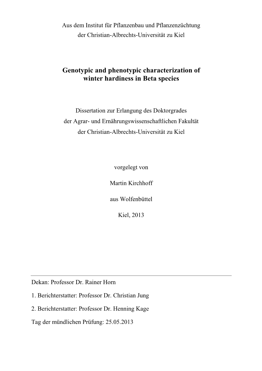 Genotypic and Phenotypic Characterization of Winter Hardiness in Beta Species