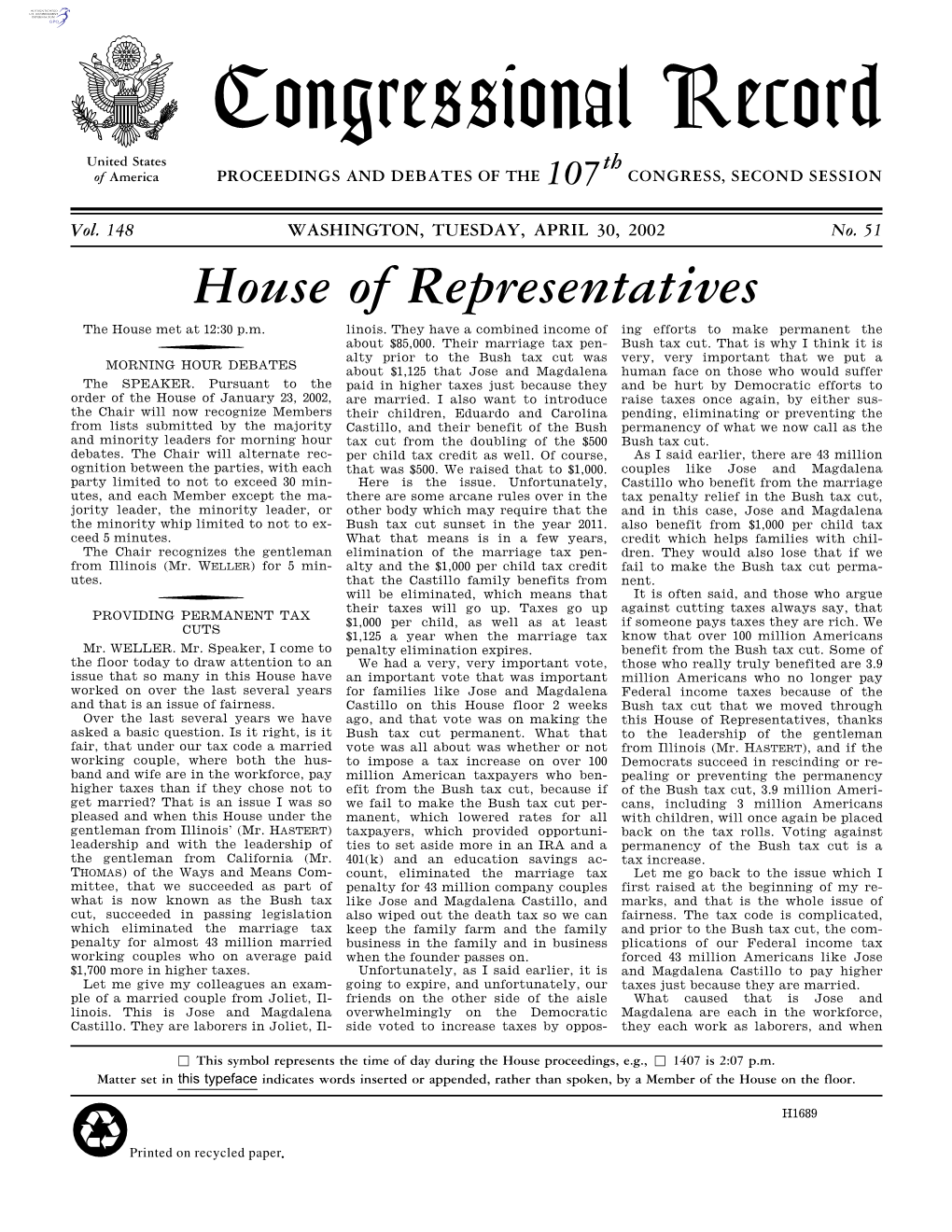 Congressional Record United States Th of America PROCEEDINGS and DEBATES of the 107 CONGRESS, SECOND SESSION