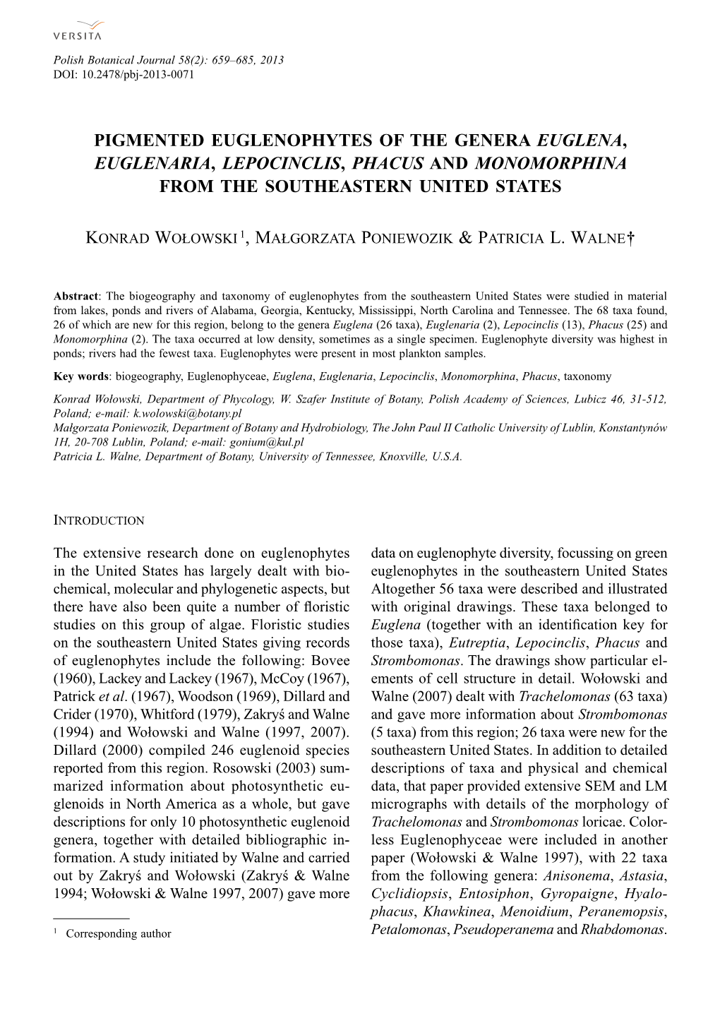 Pigmented Euglenophytes of the Genera Euglena, Euglenaria, Lepocinclis, Phacus and Monomorphina from the Southeastern United States