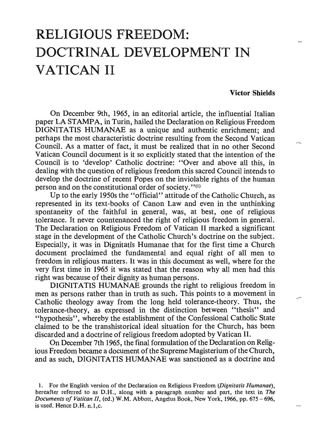 Religious Freedom: Doctrinal Development in Vatican Ii