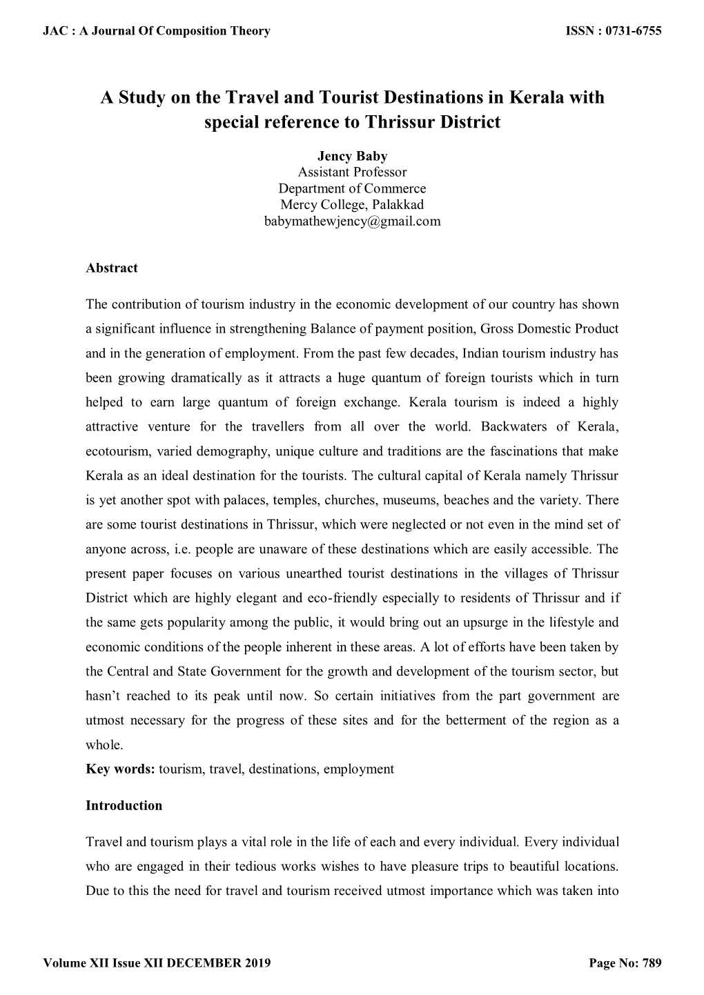 A Study on the Travel and Tourist Destinations in Kerala with Special Reference to Thrissur District