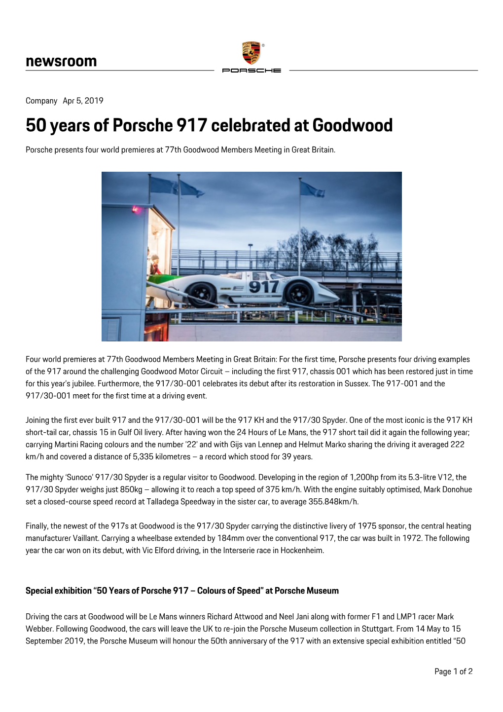 50 Years of Porsche 917 Celebrated at Goodwood Porsche Presents Four World Premieres at 77Th Goodwood Members Meeting in Great Britain