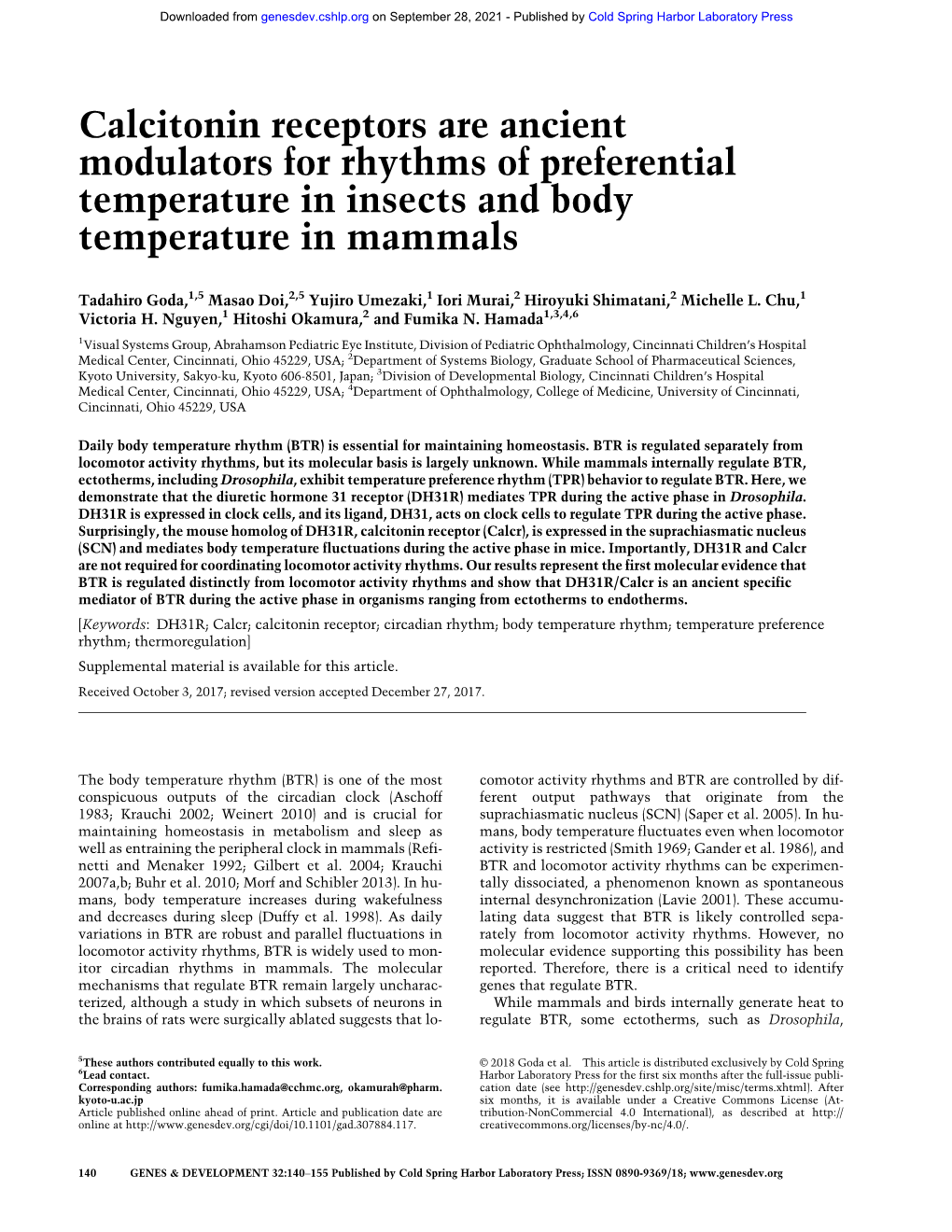 Calcitonin Receptors Are Ancient Modulators for Rhythms of Preferential Temperature in Insects and Body Temperature in Mammals