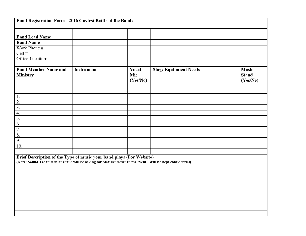 Govfest Band Registration Form