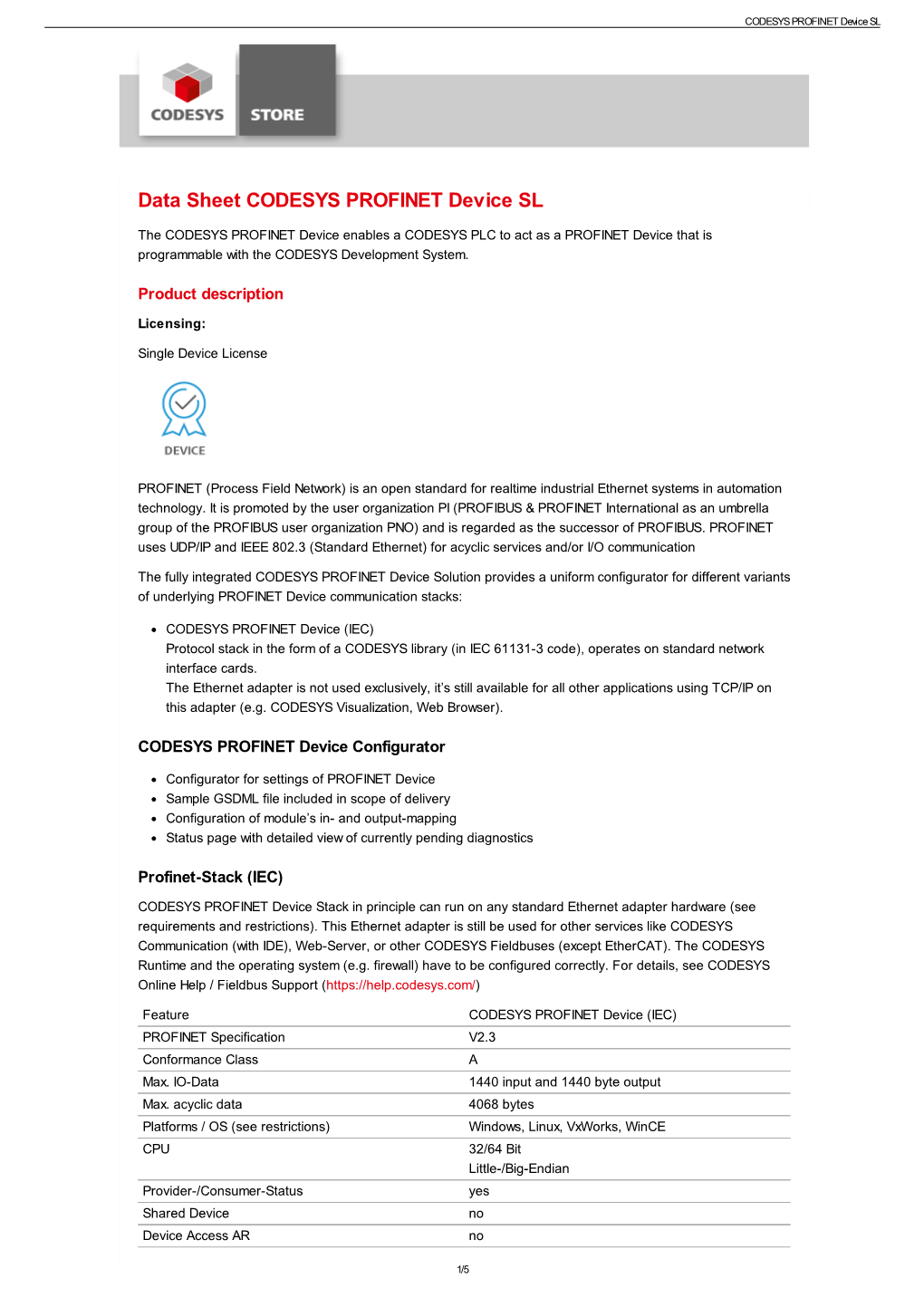 Data Sheet CODESYS PROFINET Device SL — Product Data Sheet