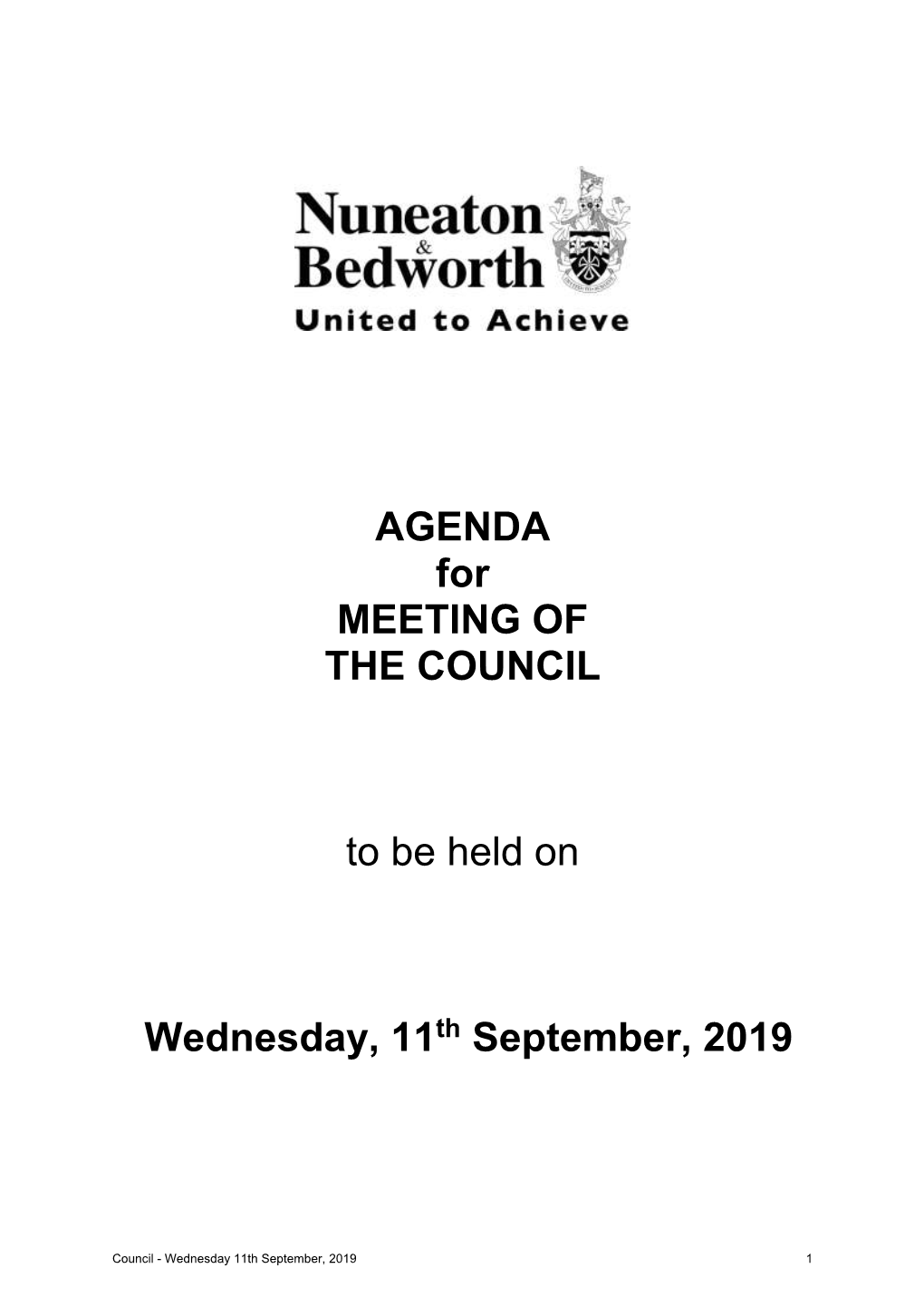 AGENDA for MEETING of the COUNCIL to Be Held On