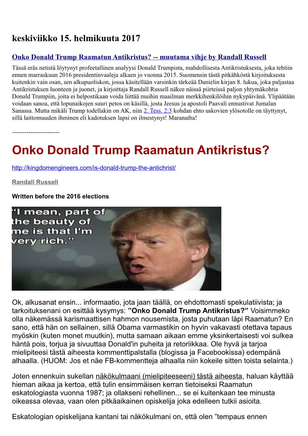 Onko Donald Trump Raamatun Antikristus?