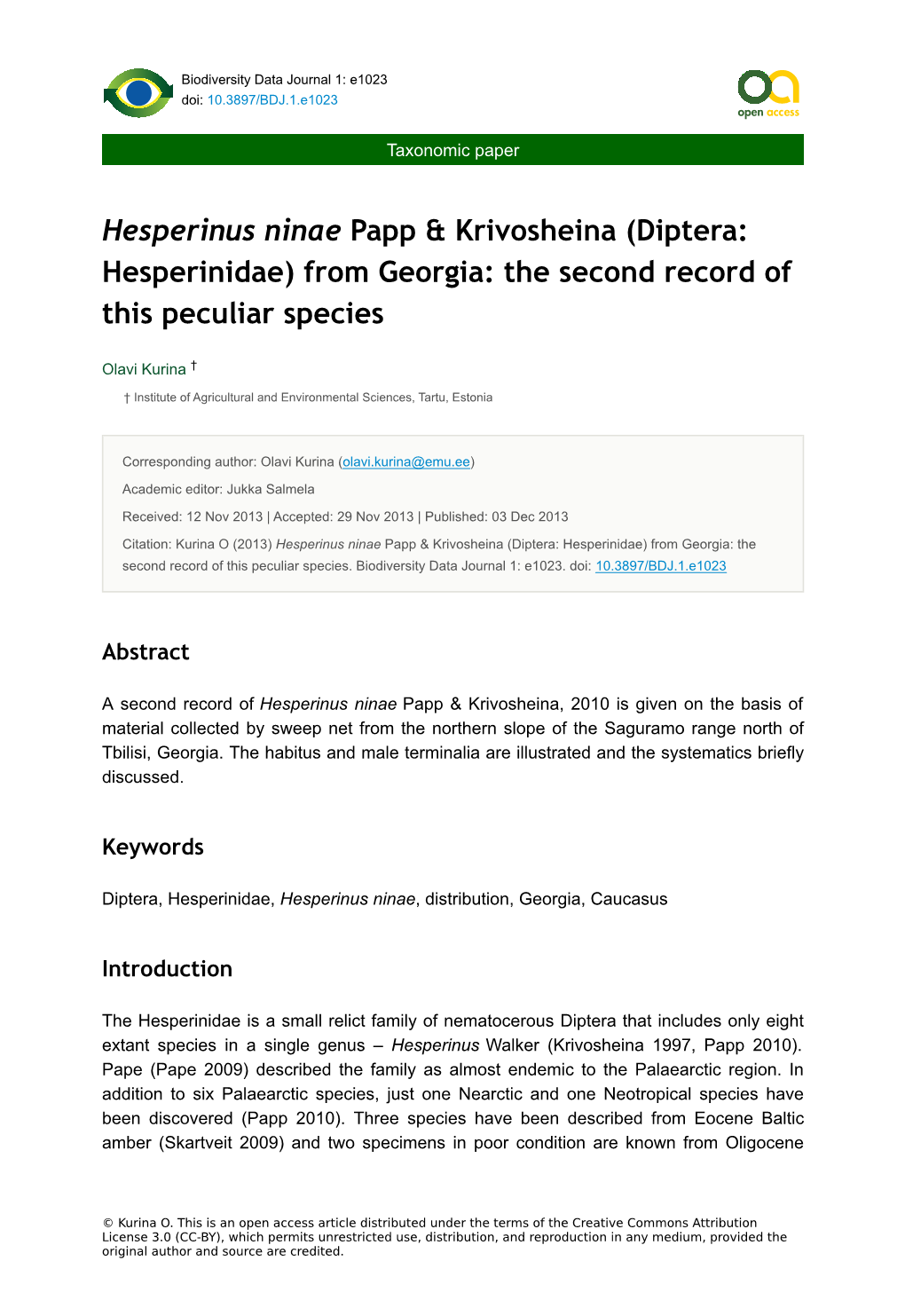 Hesperinus Ninae Papp & Krivosheina (Diptera