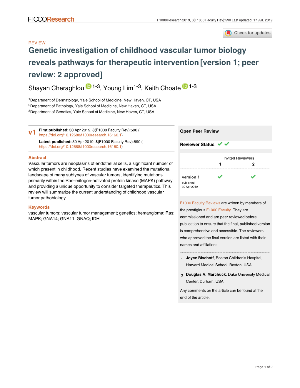 Genetic Investigation of Childhood Vascular Tumor Biology Reveals Pathways for Therapeutic Intervention[Version 1; Peer Review