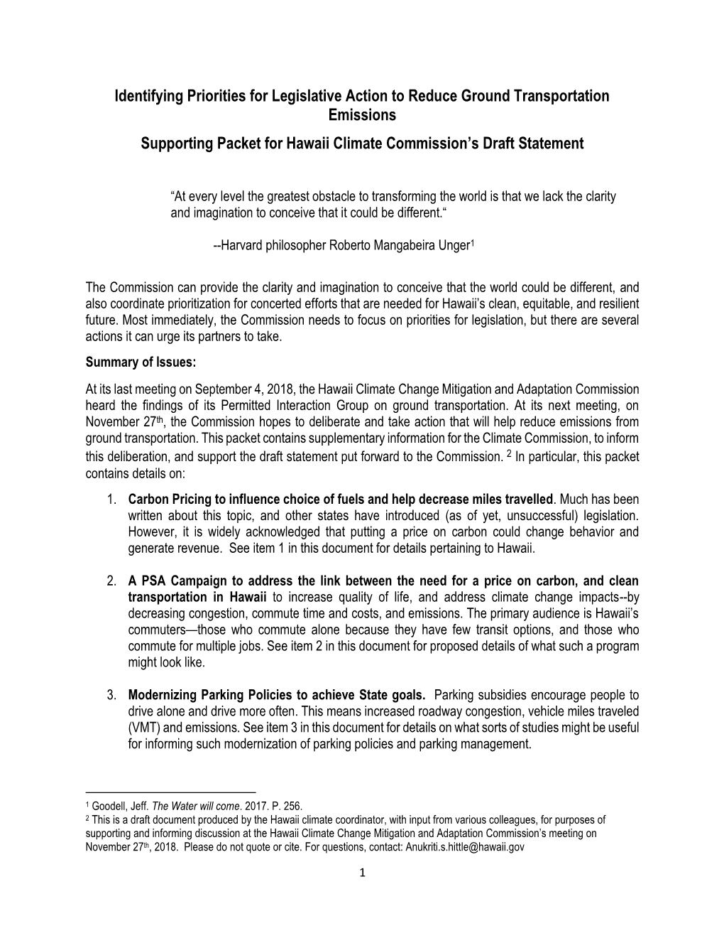 Identifying Priorities for Legislative Action to Reduce Ground Transportation Emissions Supporting Packet for Hawaii Climate Commission’S Draft Statement