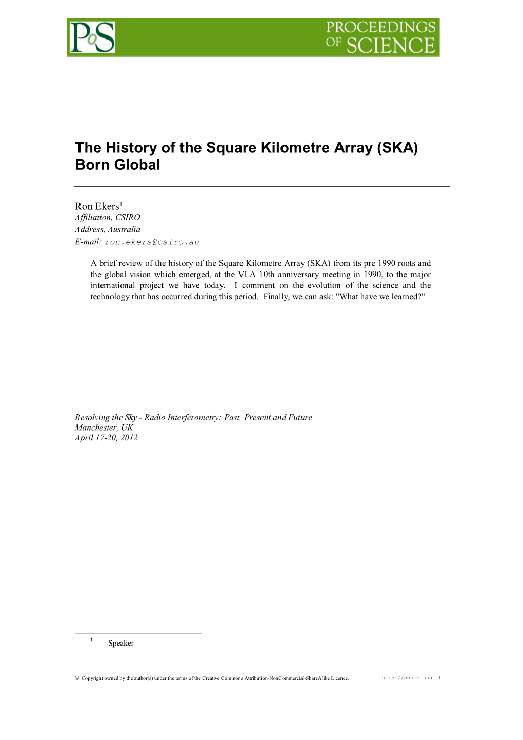 The History of the Square Kilometre Array (SKA) Born Global