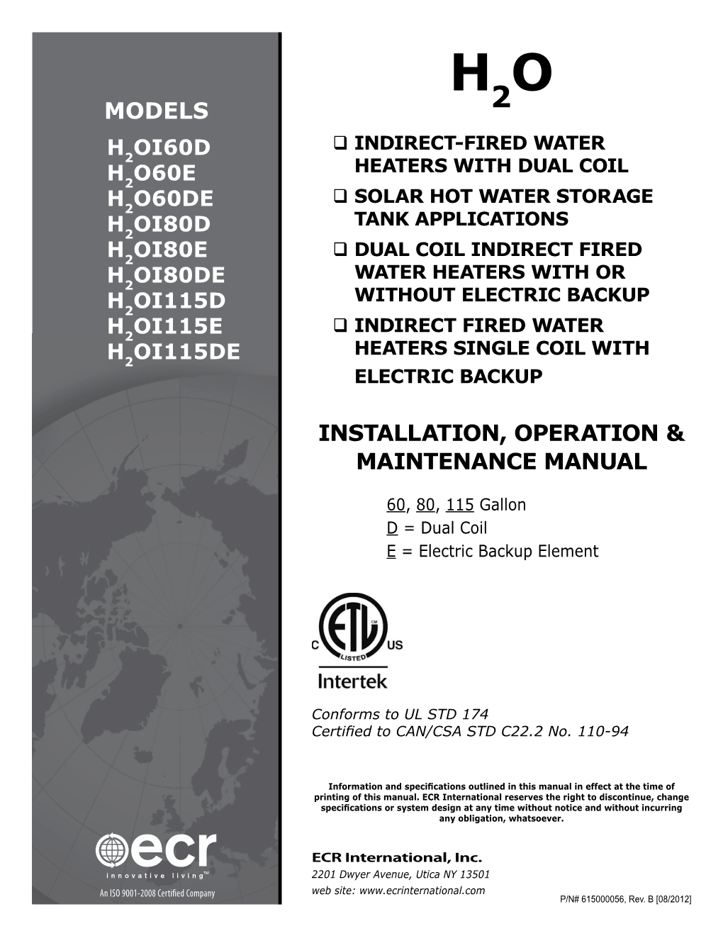 H2O Dual Coil & Single Coil Indirects with Electric Heat IOM Rev. B 8/12