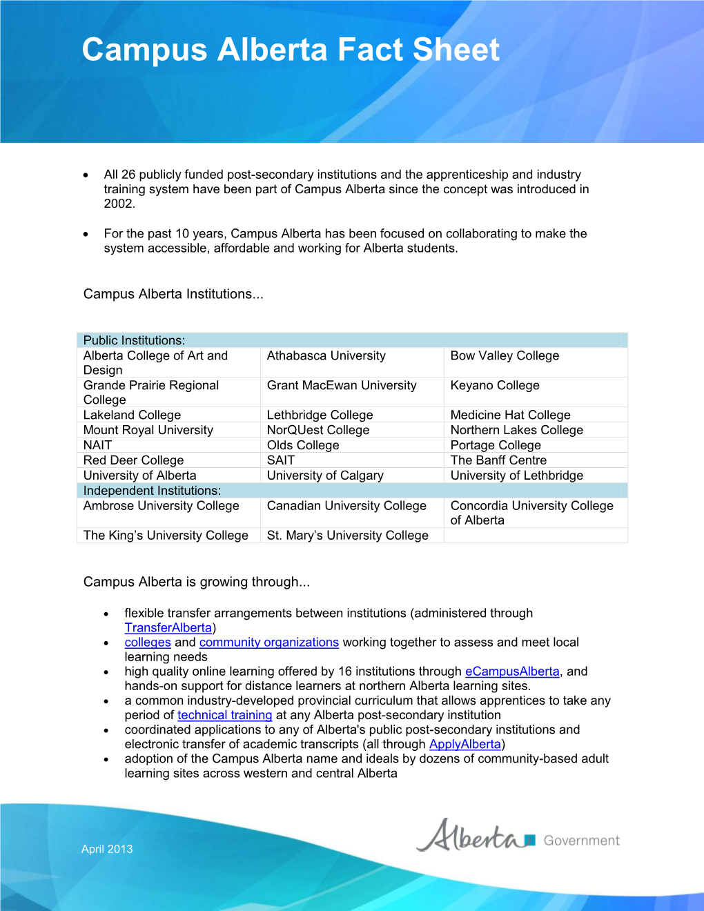 Campus Alberta Fact Sheet