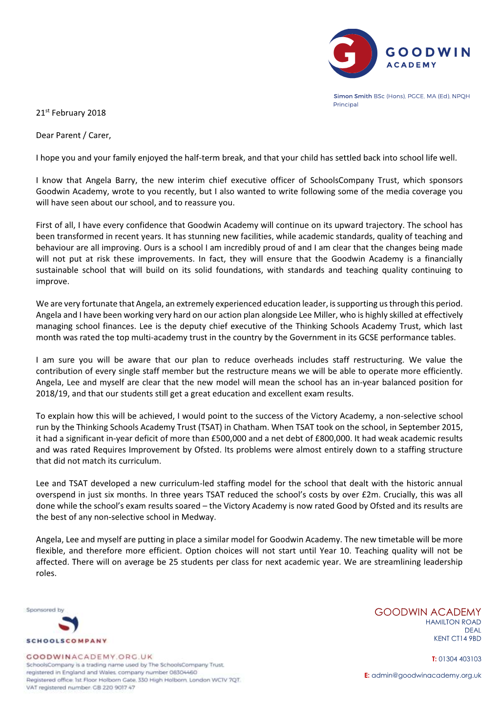 Goodwin Academy, Wrote to You Recently, but I Also Wanted to Write Following Some of the Media Coverage You Will Have Seen About Our School, and to Reassure You