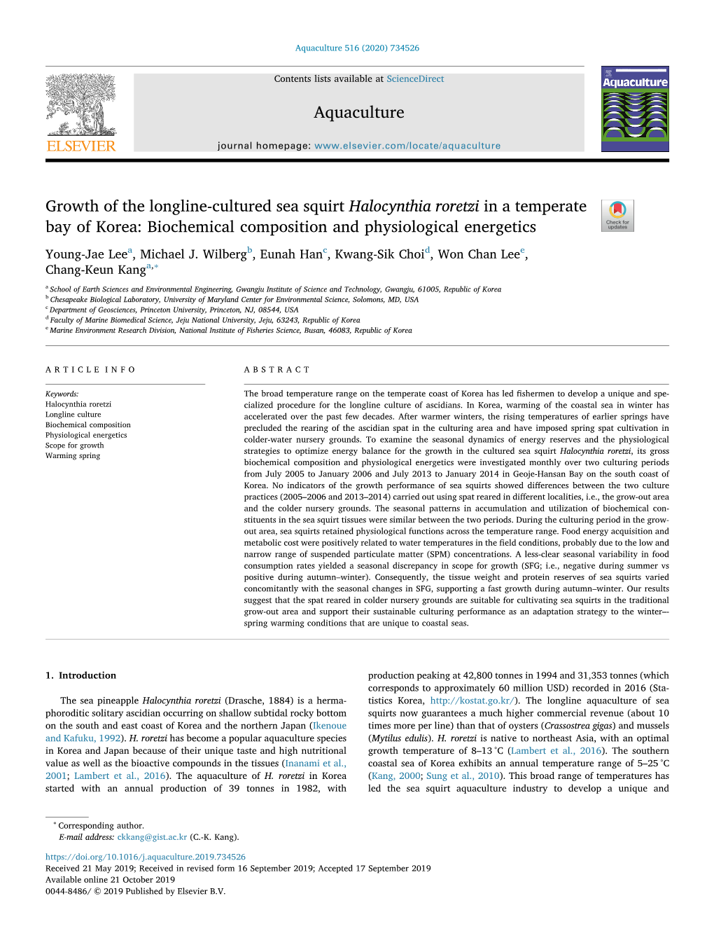 Growth of the Longline-Cultured Sea Squirt Halocynthia Roretzi in a Temperate Bay of Korea: Biochemical Composition and Physiological Energetics T