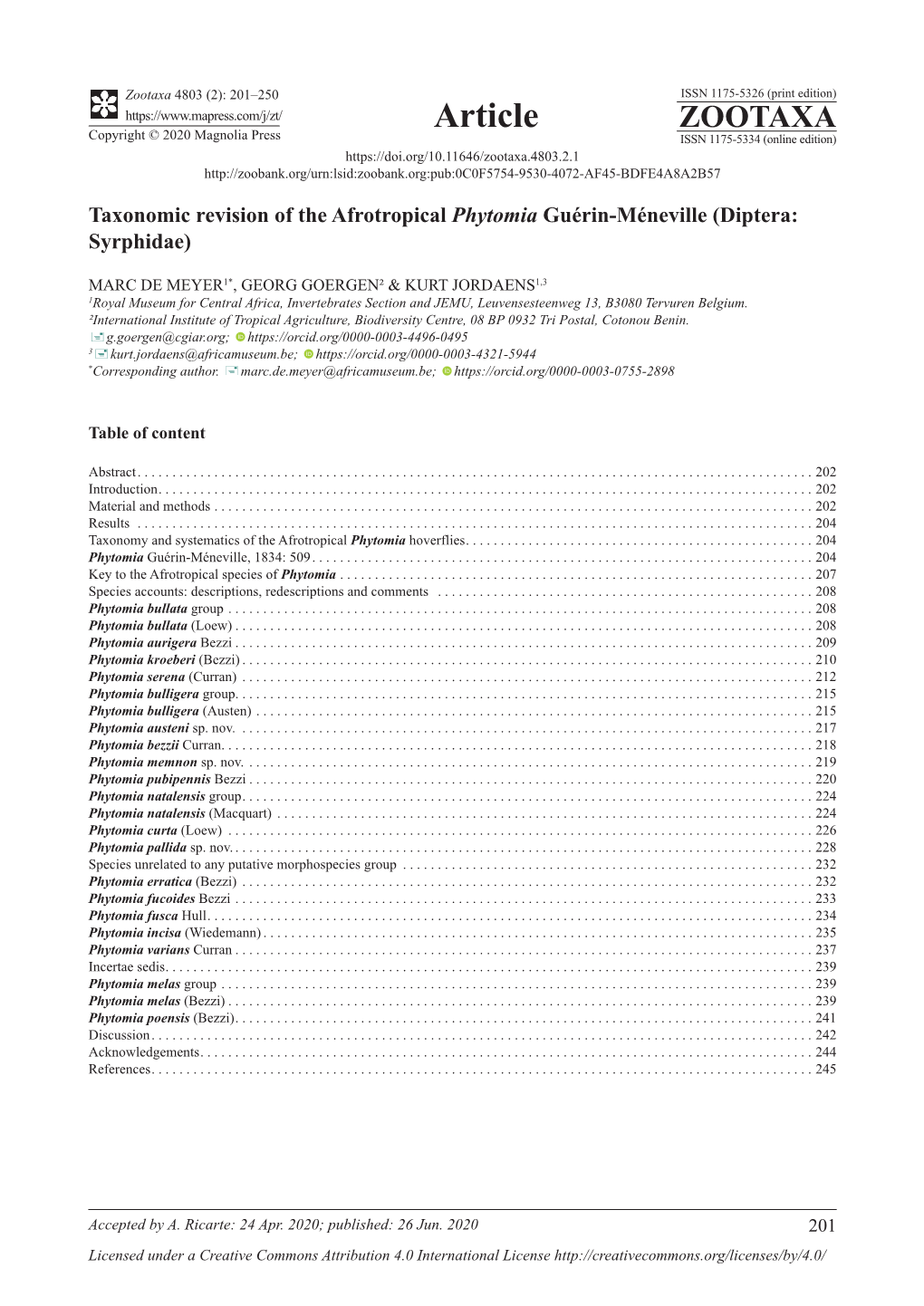 Taxonomic Revision of the Afrotropical Phytomia Gerin