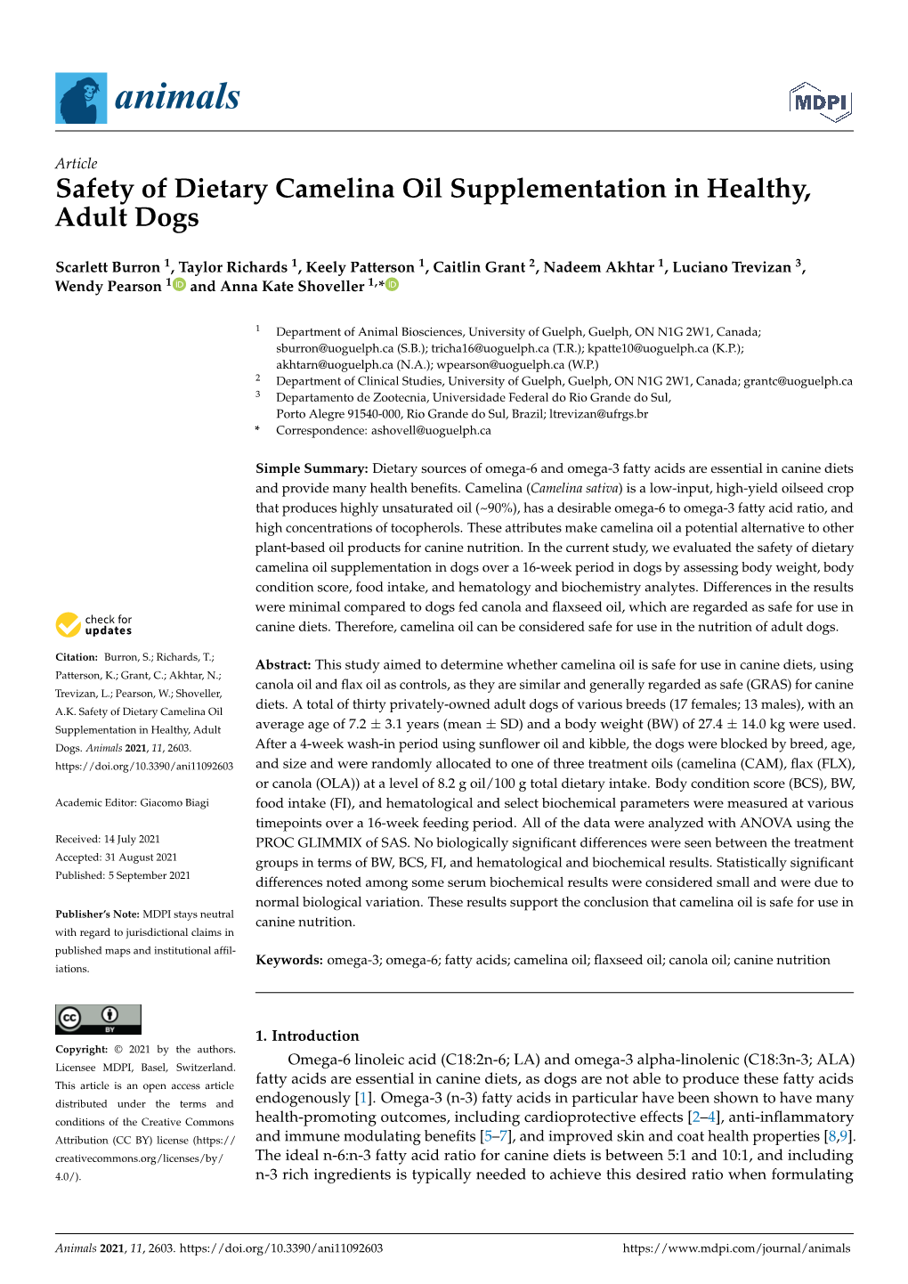 Safety of Dietary Camelina Oil Supplementation in Healthy, Adult Dogs