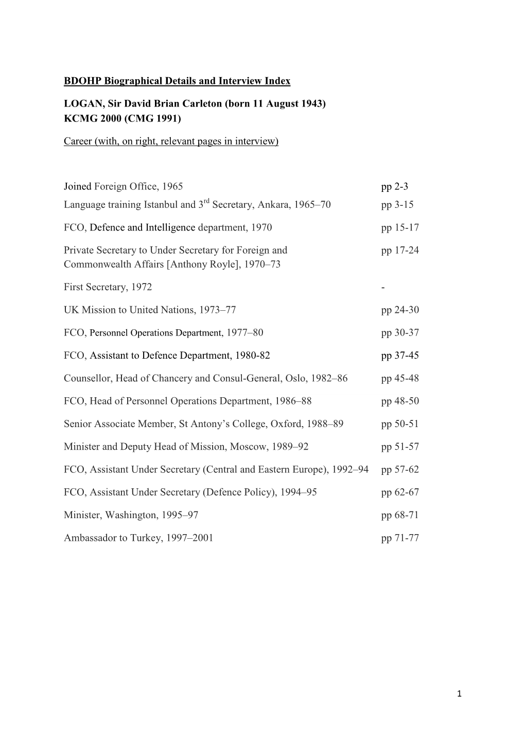 BDOHP Biographical Details and Interview Index LOGAN, Sir David Brian Carleton